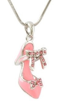 Trendy Pink Enamel High Heel Shoe Charm Necklace with Crystal Ribbon and Bow Accents - Silver Plated