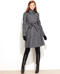 Gorgeously nubby tweed combined with a flared, feminine silhouette equal a can't miss coat, from Calvin Klein. A unique knit tab collar rounds out the look.