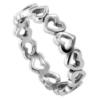 Sterling Silver 4mm Wide Band Tiny Hollow Hearts Polish Finish Ring Size 5, 6, 7, 8, 9, 10