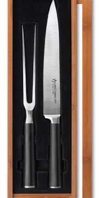 Ginsu Chikara Series 2 Piece Japanese 420J2 Stainless Steel Carving Set with 8 Inch Carving Knife and Fork; Bamboo Storage Case Included