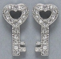 Small Silver Rhodium Plated Sparkling Clear Crystal Open Heart Shaped 1/2 Key Stud Earrings