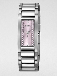 Sleek lines and pared-down details give this brushed stainless steel watch with Swarovski crystals an Art Deco elegance.Quartz movementWater resistant to 3 ATMStainless steel rectangular case, 20mm wide (.79)Smooth bezelPink sunray dial with pink crystalsStainless steel bar hour markersSecond handBrushed and polished link braceletImported