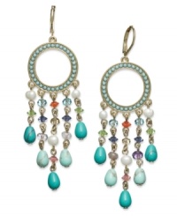 Bold, brash and beautiful. These gypsy hoop earrings from Lauren Ralph Lauren bring the party with reconstituted turquoise beads, imitation pearls and glass accents. Crafted in 14k gold-plated mixed metal. Approximate drop: 2-1/2 inches. Approximate diameter: 7/8 inch/