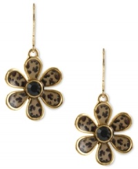 Call of the wild. Betsey Johnson's flower earrings are designed with leopard details and finished with a black-colored crystal accent at the center. Crafted in antiqued gold tone mixed metal. Approximate drop: 1-5/8 inches.