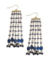 A waterfall of cool color. These Lauren by Ralph Lauren earrings feature five linear drops with glass and resin beads of various blue hues. Crafted from 14k antiqued gold-plated mixed metal. Approximate drop: 3 inches. Approximate diameter: 3/4 inch.