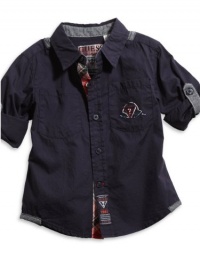 GUESS Kids Boys Toddler Roll-Up Sleeve Shirt, NAVY (18M)