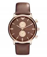 Smooth and rich leather complements the warm rosy hues of this precise chronograph watch from Emporio Armani.