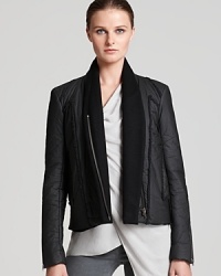 Helmut Lang reinvents the puffer jacket with signature sleek lines and a flattering shawl collar.