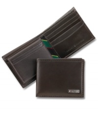 This leather wallet with preppy fabric trim gives you card-carrying style from Tommy Hilfiger.