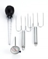 Quit being a chicken when it comes to cooking a turkey! This fully-stocked roasting kit takes the hassle & the nerves out of being in charge of the Thanksgiving bird or the main course for a big family feast. Including a thermometer with roasting guide, 2 stainless steel pointed turkey lifters and a baster with measurement markings, this set gives you confidence in the kitchen.