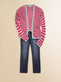 Brilliant, contrasting stripes brighten up an open-front cardigan for warmth and style.Waterfall frontLong sleevesPull-on styleRayonMachine washImported