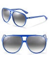 Up the style ante in these electric blue aviators with metallic logo detail at temples.