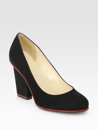 Patent leather trim adds flair to this suede pump with a strong heel. Self-covered heel, 3½ (90mm)Suede upper with patent leather trimLeather lining and solePadded insoleImported