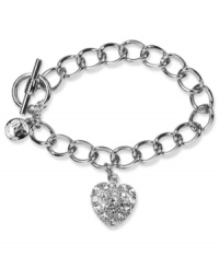 Set your heart on this darling bracelet from Jones New York. Embellished with shimmering pave glass accents. Finished with a toggle closure. Crafted in silver tone mixed metal. Approximate length: 7-1/2 inches. Includes gift box.