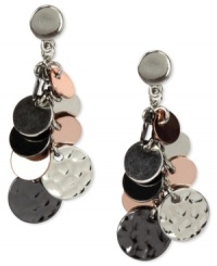 Shake things up with Nine West's shimmering earring style. With a tri-tone shine, these drop earrings make some noise with circular pendants. Crafted in imitation rhodium, hematite and rose-gold tone mixed metal. Approximate drop: 1-3/4 inches.