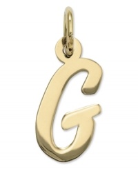 The perfect gift for Gina. This polished G initial charm features a pretty, small script design in 14k gold. Chain not included. Approximate length: 7/10 inch. Approximate width: 3/10 inch.