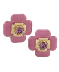 Perfectly prim. Carolee's poignant flower earrings feature a pink enamel surface with matching round-cut crystals. Set in gold-plated mixed metal. Earrings feature a clip on backing for non-pierced ears. Approximate diameter: 1-1/4 inches.