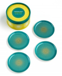 Soak up the sun with Jonathan Adler coasters inspired by the Greek island of Santorini. Turquoise-glazed porcelain with gold banding and sunbursts keep your table looking cool.