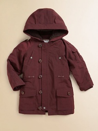 This wonderfully warm, smartly detailed parka has a removable quilted lining that functions as a separate jacket when your young man wishes.Plush sherpa-lined hoodShoulder epaulettesButton and zip front closeDrawstring waistPocket on one sleeveFront patch flap pocketsDiamond quilted inner zip jacket with knit trimFully linedPolyester/nylonMachine washImported Please note: Number of buttons may vary depending on size ordered. 