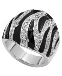 Take a walk on the wild side. Black enamel zebra stripes and sparkling crystals make City by City's cocktail ring a fierce addition to your collection. Set in silver-plated mixed metal. Base metal is nickel free. Size 7.