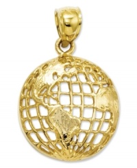 The world is yours for the keeping! Beautifully carved in 14k gold, this polished globe charm features old world appeal that dazzles upon any chain. Chain not included. Approximate drop length: 1 inch. Approximate drop width: 3/5 inch.