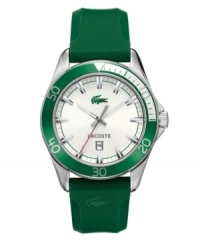 A watch that's asking to be worn in the great outdoors: the green Sport Navigator by Lacoste. Ribbed green rubber strap and round stainless steel case with green aluminum bezel. White dial features silver tone stick indices, minute track, green ring, date window at six o'clock, text logo, iconic crocodile logo and three hands. Quartz movement. Water resistant to 50 meters. Two-year limited warranty.