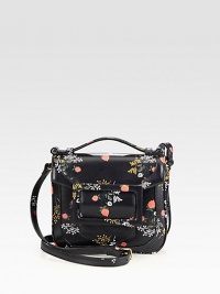 A pretty floral print on textured embossed leather for a vintage-inspired design.Top handle, 2 dropAdjustable shoulder strap, 18-20 dropMagnetic snap flap closureThree inner compartmentsOne inside zip pocketSatin lining8W X 7H X 1¾DMade in Italy