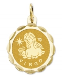 Tell everyone your sign in style! This scalloped and polished disc charm features the Virgo Zodiac in 14k gold. Chain not included. Approximate length: 9/10 inch. Approximate width: 3/5 inch.