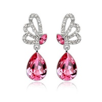 Contessa Bella Fancy Genuine 18k White Gold Plated Pink and Clear Swarovski Austrian Crystal Elements Beautiful Dangling Teardrop Dangle Pierced Women Earrings Elegant Silver Color Crystal Fashion Jewelry