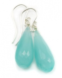 Sterling Silver Chalcedony Earrings Aqua Blue Long Teardrops Fancy Cut Faceted