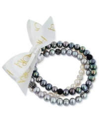 Beauty in bunches. Black and gray play a starring role in this set of three cultured freshwater pearl (7-8 mm) stretch bracelets that offer a classic chic feel, with crystals adding luster. Approximate length: 7-1/2 inches.