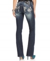 Rhinestone-floral embroidery add feminine flair to these Miss Me bootcut jeans -- perfect for daytime glam!