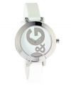 Abstract styling and crisp white in color, this D&G Hoop-La watch is an elegantly bold choice. White silicone strap and round stainless steel case. White dial features large silvertone D&G logo and silvertone hour and minute hands. Quartz movement. Water resistant to 30 meters. Two-year limited warranty.