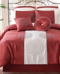 In the red. An expansive ground of red and white sets the tone in this simple Kimora comforter set, accented with intricate embroidery and applique details for a touch of charm.