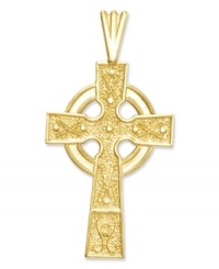 A hint of faith and a little Celtic inspiration, too. This beautifully-crafted cross charm features a cut-out and textured design in 14k gold. Chain not included. Approximate length: 1-3/10 inches. Approximate width: 7/10 inch.