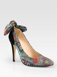 A dimensional bow backs this lady-like pump in suede and textured floral-print wool. Suede-covered heel, 4¼ (110mm)Wool and suede upperLeather lining and solePadded insoleMade in Italy