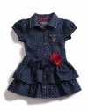 GUESS Pin Dot Shirtwaist Dress with Flower Sas, DARK STONEWASH (18M)