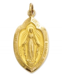 A beautiful depiction of the Virgin Mary, the Miraculous Medal features the words: O Mary Conceived Without Sin Pray For Us Who Have Recourse To Thee, with the Miraculous Metal design on the reverse side. Crafted in 14k gold. Chain not included. Approximate length: 9/10 inch. Approximate width: 1/2 inch.