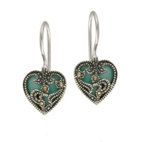 Sterling Silver Created Turquoise & Marcasite Heart Drop Earrings