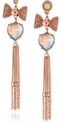 Betsey Johnson Iconic Vintage Rose Crystal Heart and Mesh Bow Linear Drop Earrings