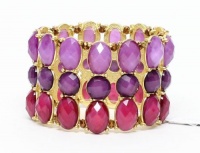 Women Bracelet Gold-tone Purple Bead Three-row Stretch Bracelet