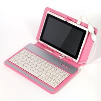 Lumsing 7 inch USB keyboard + Universal Protective Folios PU Leather Case Pouch Cover with Kickstand for 7 inch Android Tablet PC MID EPAD Gpad, Apad Notebook -Synthetic Leather Protective Stand Case Cover with 80-Keys Keyboard for 7 Tablet PC (Pink)