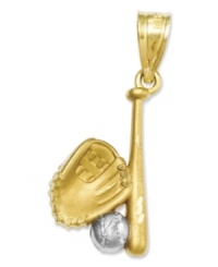 A total homerun! This sporty charm includes a bat, glove and baseball all in polished and textured 14k gold and sterling silver. Chain not included. Approximate length: 1 inch. Approximate width: 2/5 inch.