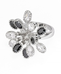 Add a little spark with this head-turning crystal ring by City by City. Crafted in silver tone mixed metal, ring features a flower shape accented with oval-cut clear and jet black cubic zirconia (8-1/2 ct. t.w.). Size 7 and 8.