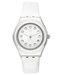 The wonderful blend of shimmering crystals and polished steel create this Plummy White watch from Swatch.