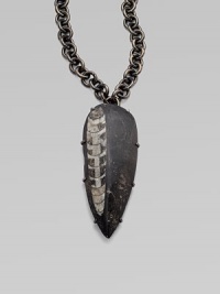 A wonder of nature, captured in smooth stone on a link chain. Orthoceras fossil in stoneGunmetal finished brass Chain length, about 20Pendant size, about 5L X 2WHook closureMade in USAPlease note: Stone size and appearance may vary.