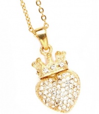 Gold Tone Heart Crown Pendant and Necklace Covered in Austrian Crystals