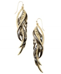 Get ready for take off, but don't forget to check your wings! RACHEL Rachel Roy's fashionable feather earrings incorporate black and topaz-hued glass accents in a gold tone mixed metal setting. Approximate drop: 3-1/2 inches.