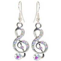 1/2 X 1 1/2 Treble Clef Earrings with Rhinestones In Aurora Borealis with Silver Finish