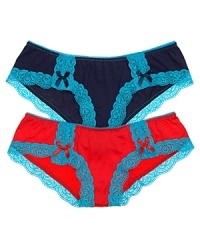 Honeydew brings the colorblock trend into this vibrant, lace trim tanga panty. Style #436